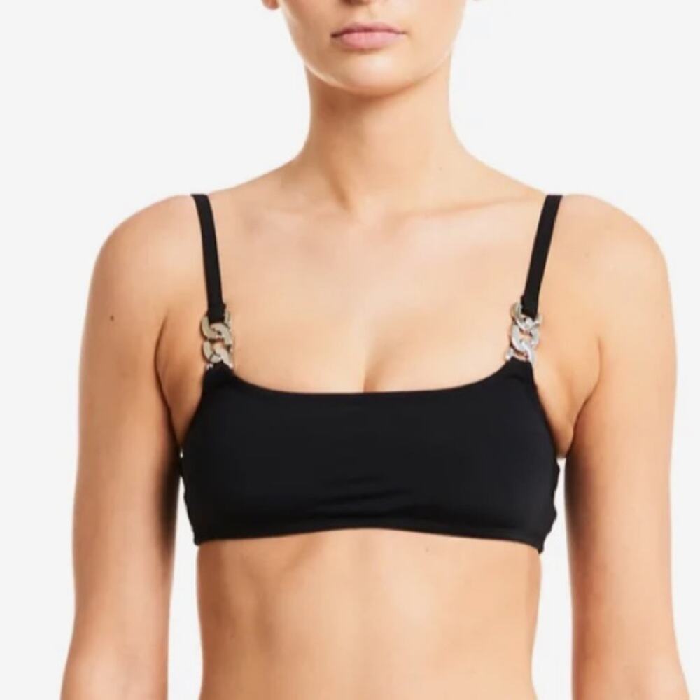 BETH RICHARDS Bikini Swimsuit Top Linx Black Silver Chain Beach Swim NWT Small
